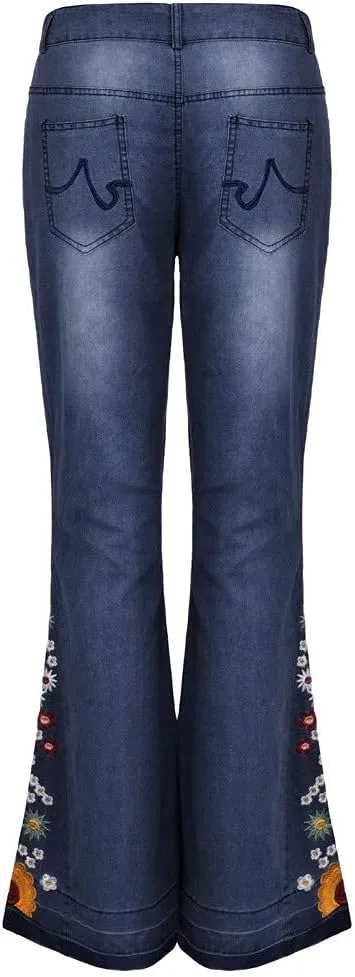 Flared Jeans for Women 70s High Waisted Jeans Lightweight Denim Embroidered Pants Bootcut Bell Bottom Jeans