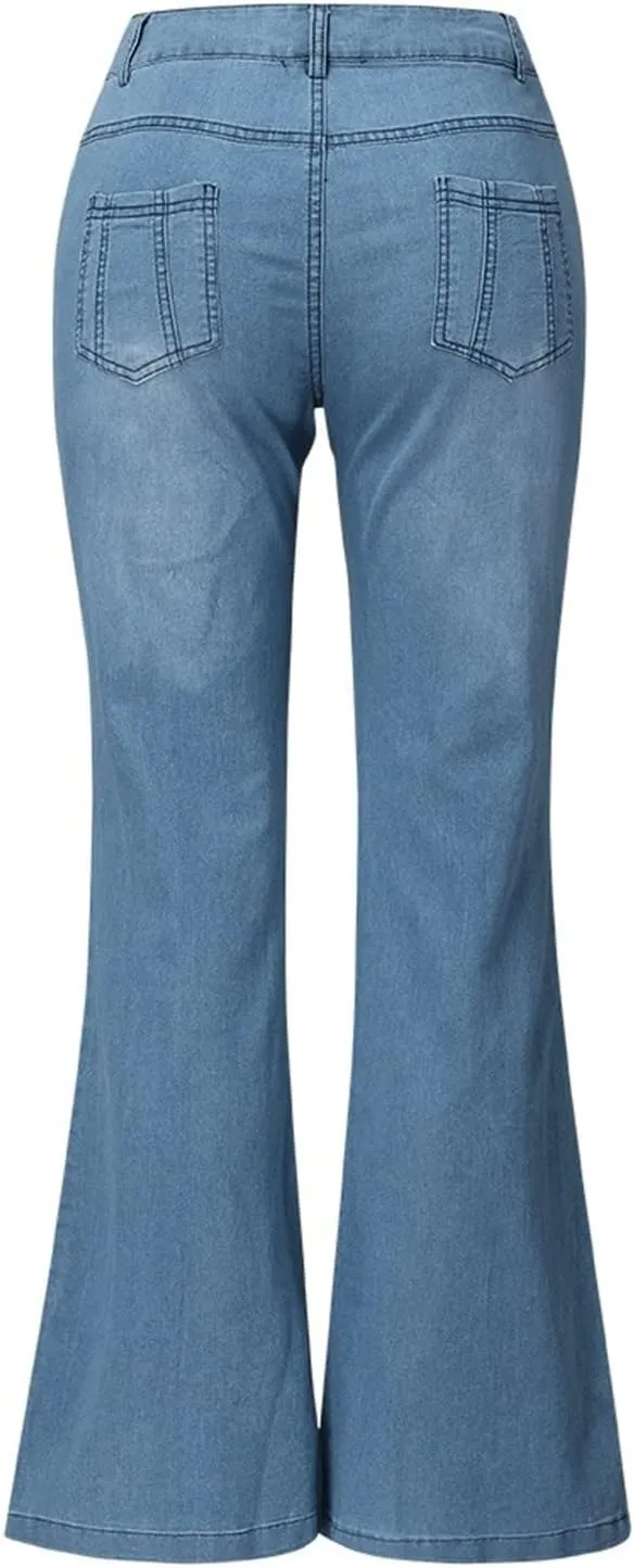 Flared Jeans for Women 70s High Waisted Jeans Lightweight Denim Embroidered Pants Bootcut Bell Bottom Jeans