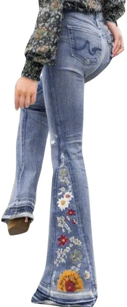 Flared Jeans for Women 70s High Waisted Jeans Lightweight Denim Embroidered Pants Bootcut Bell Bottom Jeans