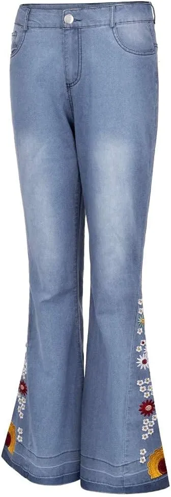 Flared Jeans for Women 70s High Waisted Jeans Lightweight Denim Embroidered Pants Bootcut Bell Bottom Jeans