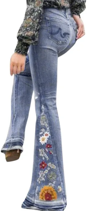 Flared Jeans for Women 70s High Waisted Jeans Lightweight Denim Embroidered Pants Bootcut Bell Bottom Jeans
