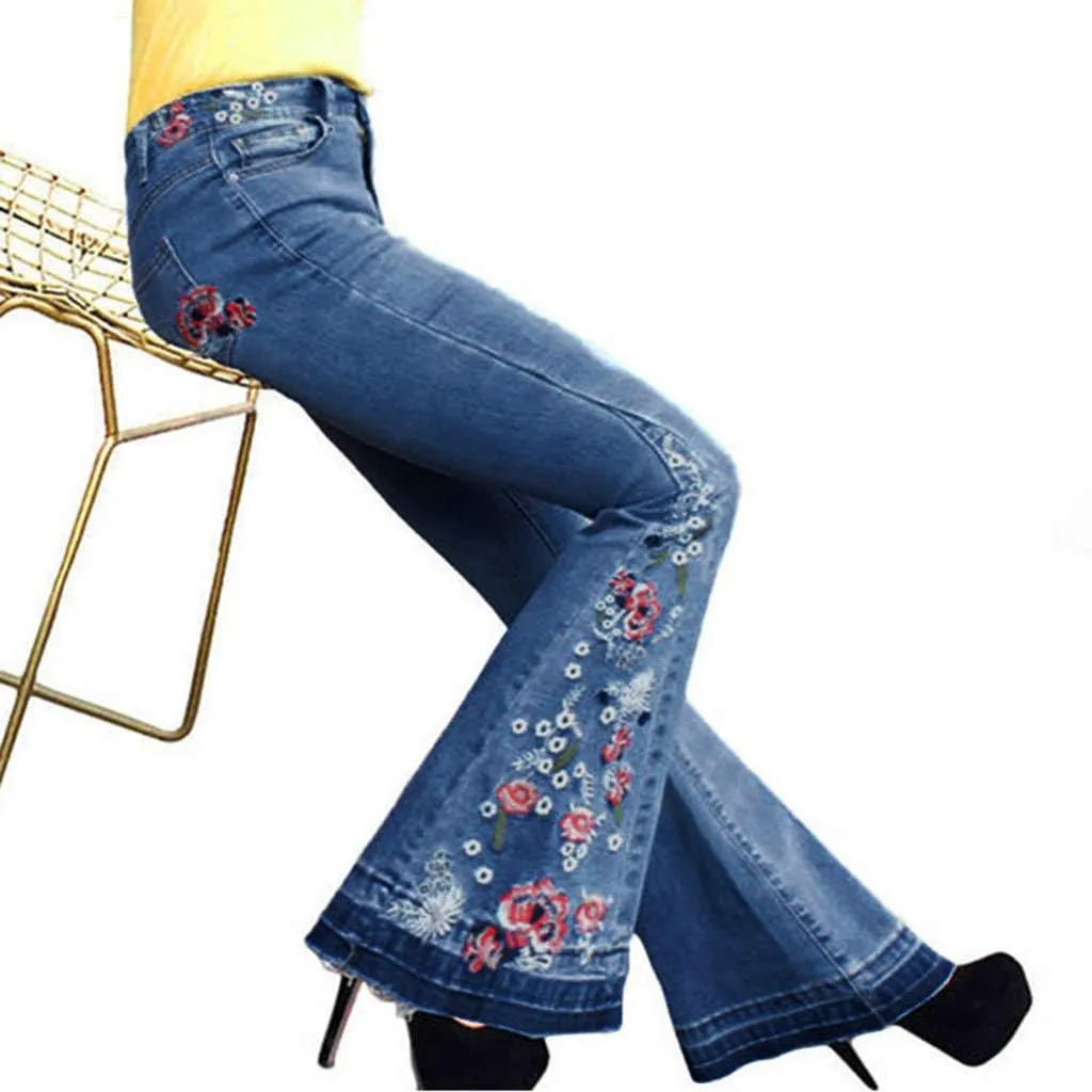 Flared Jeans for Women 70s High Waisted Jeans Lightweight Denim Embroidered Pants Bootcut Bell Bottom Jeans