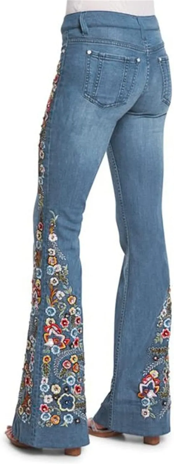 Flared Jeans for Women 70s High Waisted Jeans Lightweight Denim Embroidered Pants Bootcut Bell Bottom Jeans