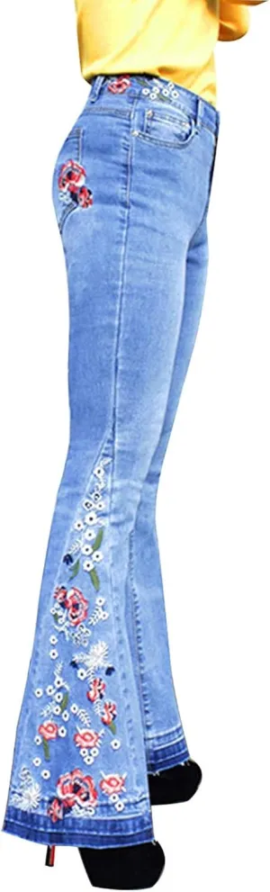 Flared Jeans for Women 70s High Waisted Jeans Lightweight Denim Embroidered Pants Bootcut Bell Bottom Jeans