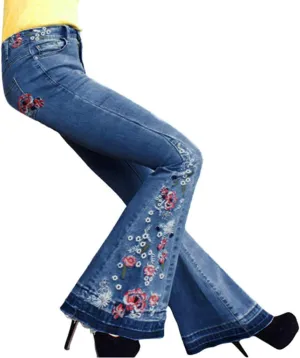Flared Jeans for Women 70s High Waisted Jeans Lightweight Denim Embroidered Pants Bootcut Bell Bottom Jeans