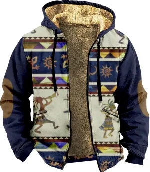 Fleece Jacket Men Sherpa Fleece Lined Outwear Full Zipper Jackets Vintage Printed Hoodies Winter Warm Coats