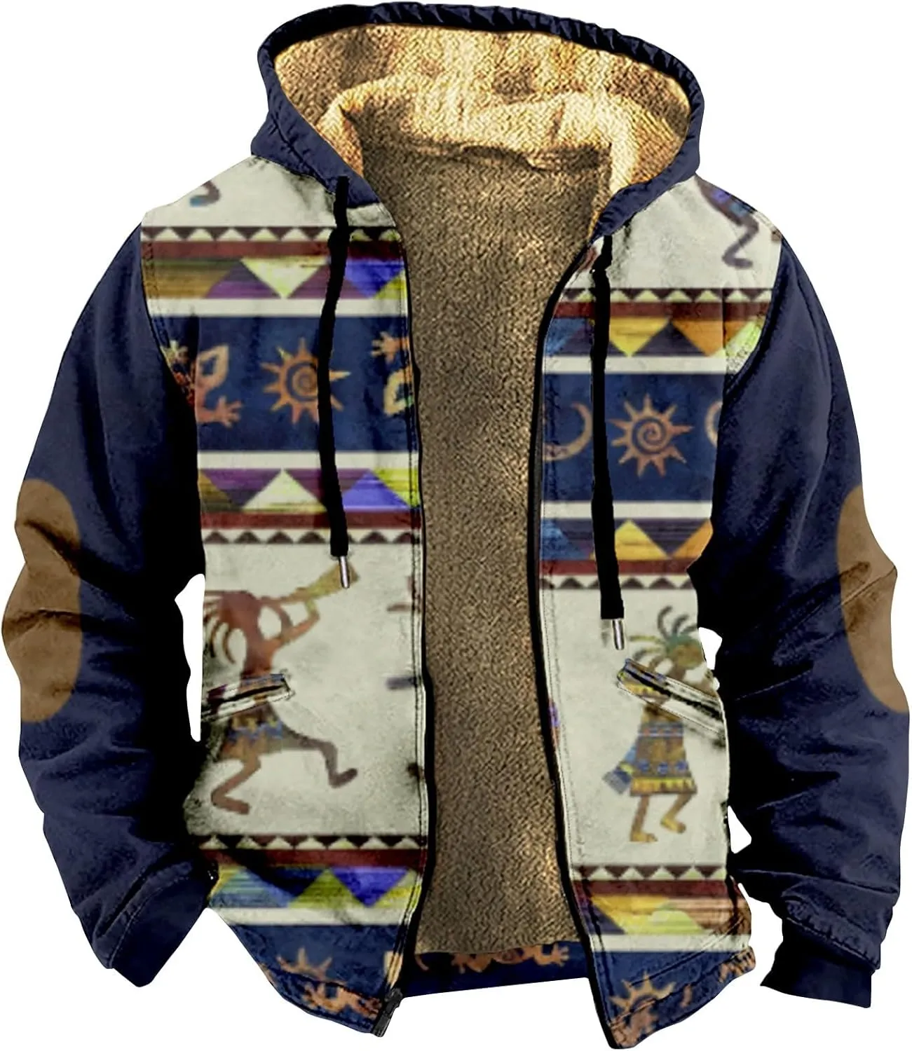 Fleece Jacket Men Sherpa Fleece Lined Outwear Full Zipper Jackets Vintage Printed Hoodies Winter Warm Coats