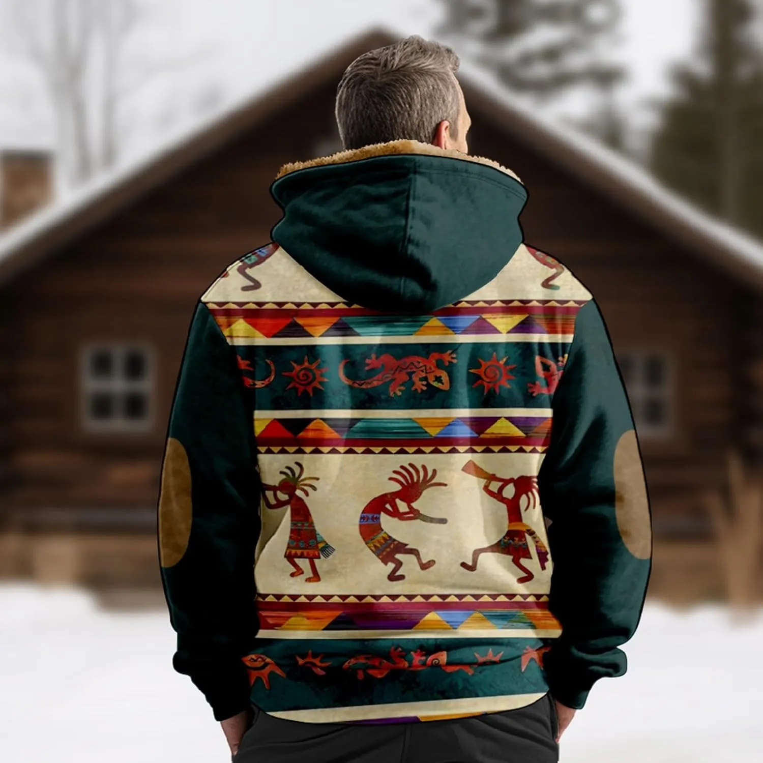 Fleece Jacket Men Sherpa Fleece Lined Outwear Full Zipper Jackets Vintage Printed Hoodies Winter Warm Coats