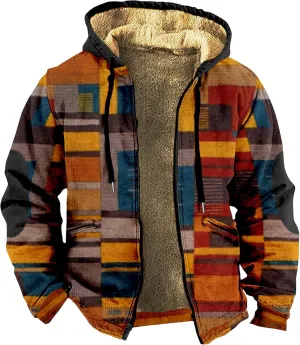 Fleece Jacket Men Sherpa Fleece Lined Outwear Full Zipper Jackets Vintage Printed Hoodies Winter Warm Coats