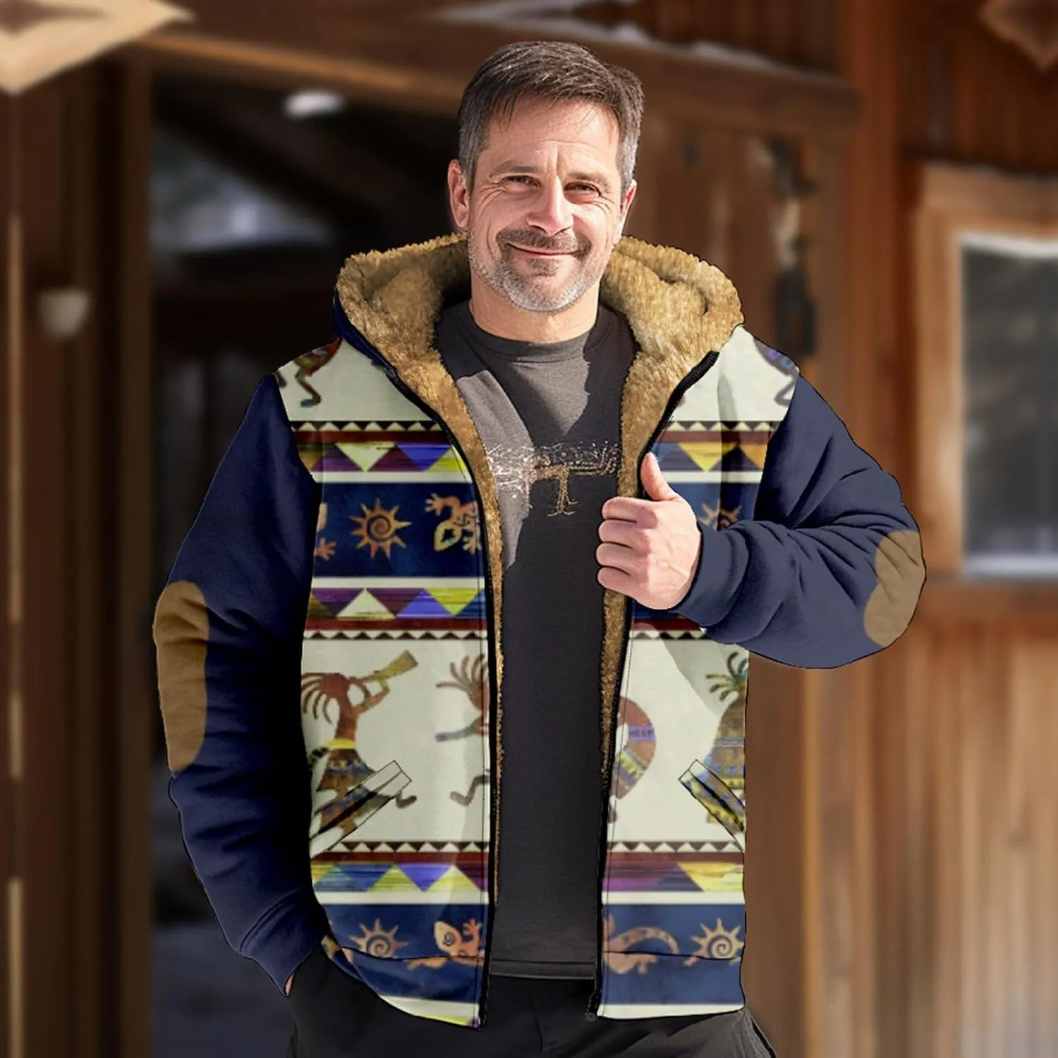 Fleece Jacket Men Sherpa Fleece Lined Outwear Full Zipper Jackets Vintage Printed Hoodies Winter Warm Coats