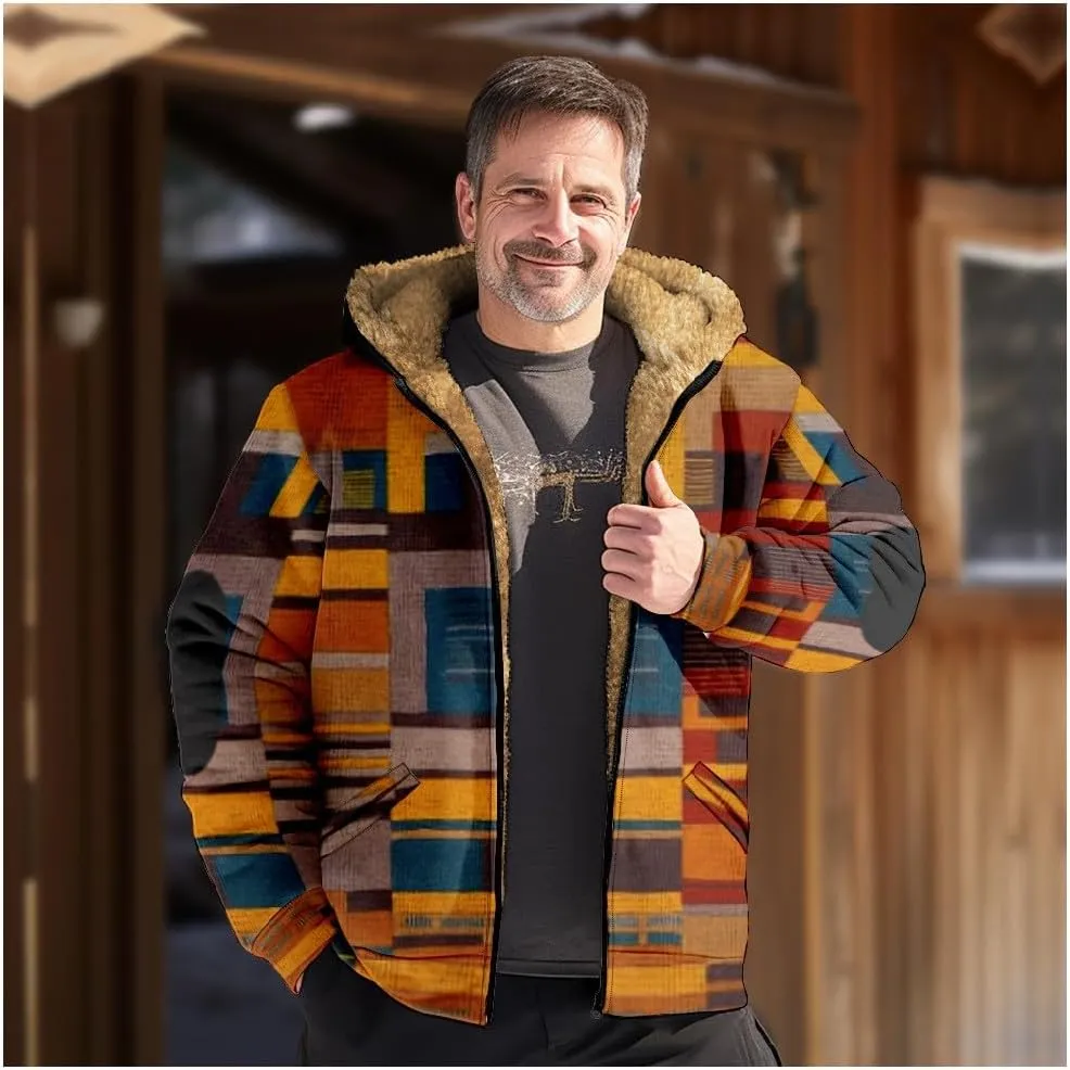 Fleece Jacket Men Sherpa Fleece Lined Outwear Full Zipper Jackets Vintage Printed Hoodies Winter Warm Coats
