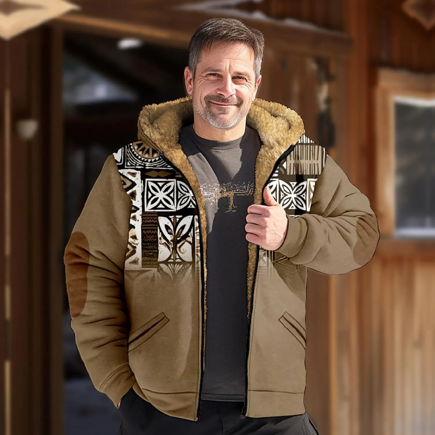 Fleece Jacket Men Sherpa Fleece Lined Outwear Full Zipper Jackets Vintage Printed Hoodies Winter Warm Coats