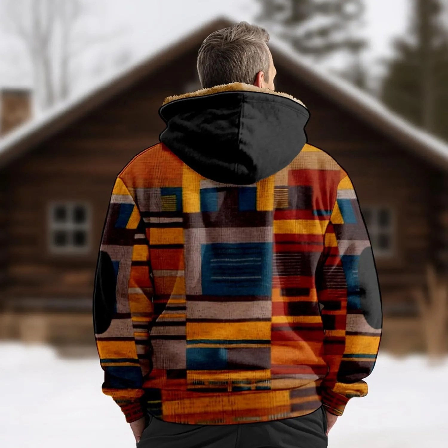 Fleece Jacket Men Sherpa Fleece Lined Outwear Full Zipper Jackets Vintage Printed Hoodies Winter Warm Coats