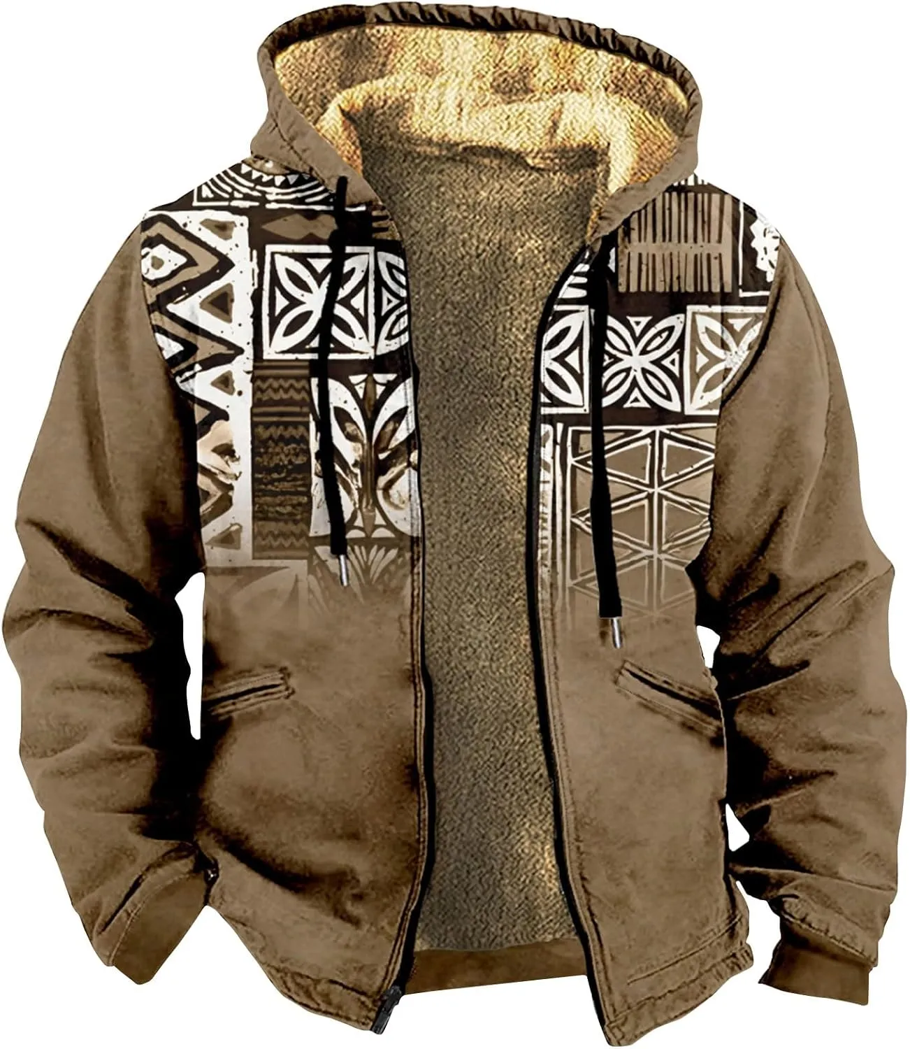 Fleece Jacket Men Sherpa Fleece Lined Outwear Full Zipper Jackets Vintage Printed Hoodies Winter Warm Coats