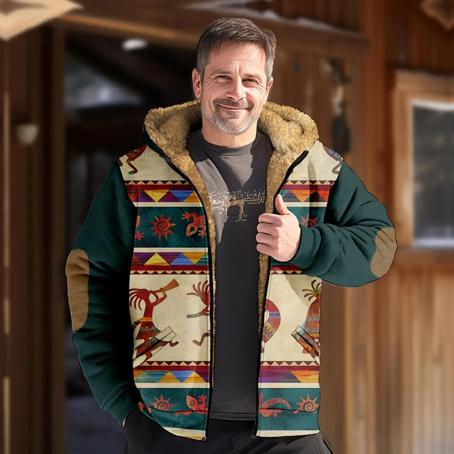 Fleece Jacket Men Sherpa Fleece Lined Outwear Full Zipper Jackets Vintage Printed Hoodies Winter Warm Coats
