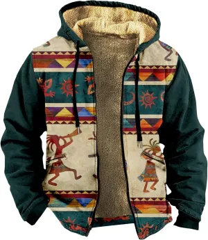 Fleece Jacket Men Sherpa Fleece Lined Outwear Full Zipper Jackets Vintage Printed Hoodies Winter Warm Coats