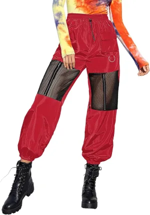 Floerns Women's High Waisted Sporty Drawstring Contrast Mesh Cargo Pants