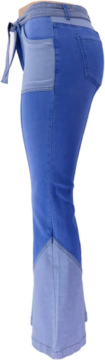 FOURSTEEDS Women's High Waist Patchwork Flared Jeans Hippie Color Blocked Distressed Bells Bottom Denim Pants