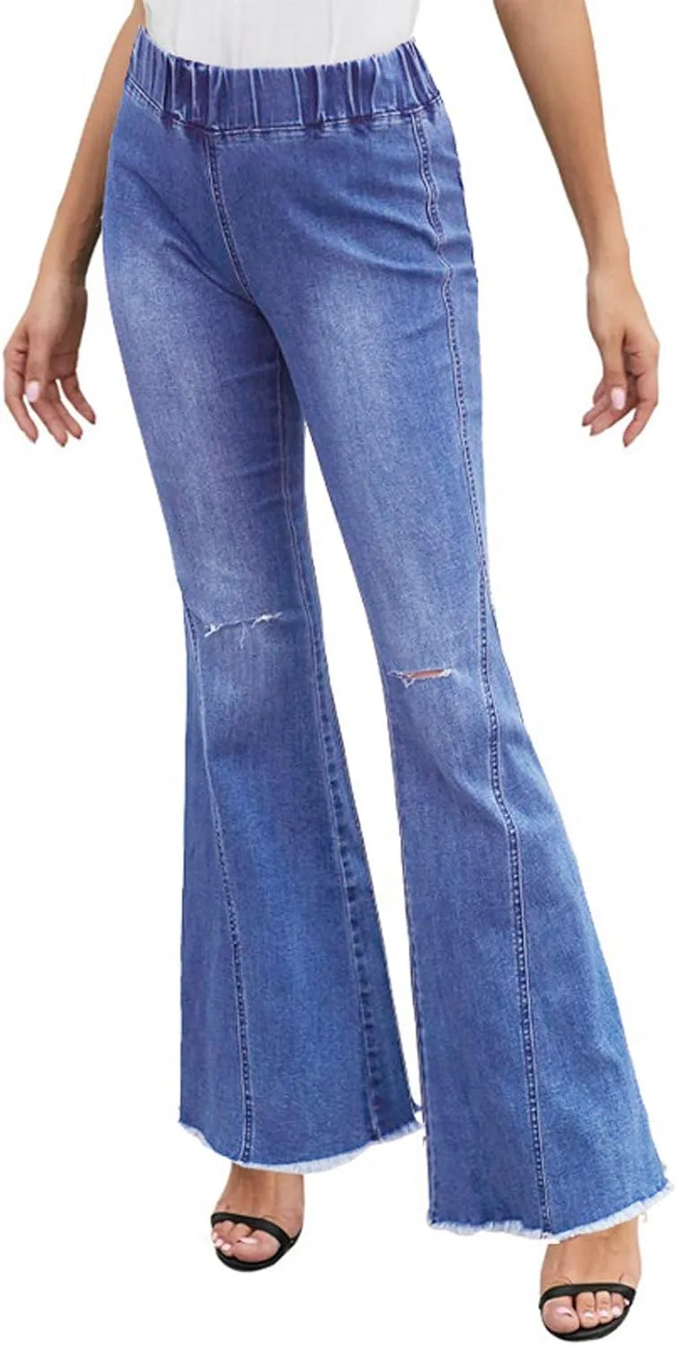 FOURSTEEDS Women's High Waist Patchwork Flared Jeans Hippie Color Blocked Distressed Bells Bottom Denim Pants