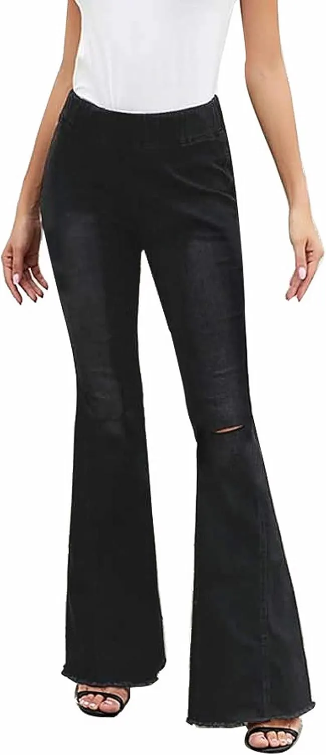 FOURSTEEDS Women's High Waist Patchwork Flared Jeans Hippie Color Blocked Distressed Bells Bottom Denim Pants