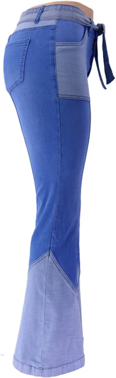 FOURSTEEDS Women's High Waist Patchwork Flared Jeans Hippie Color Blocked Distressed Bells Bottom Denim Pants