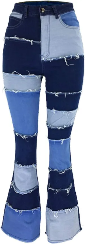 FOURSTEEDS Women's High Waist Patchwork Flared Jeans Hippie Color Blocked Distressed Bells Bottom Denim Pants