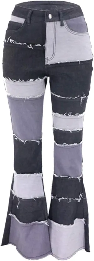 FOURSTEEDS Women's High Waist Patchwork Flared Jeans Hippie Color Blocked Distressed Bells Bottom Denim Pants