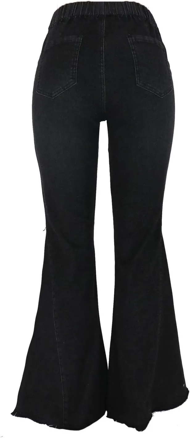 FOURSTEEDS Women's High Waist Patchwork Flared Jeans Hippie Color Blocked Distressed Bells Bottom Denim Pants