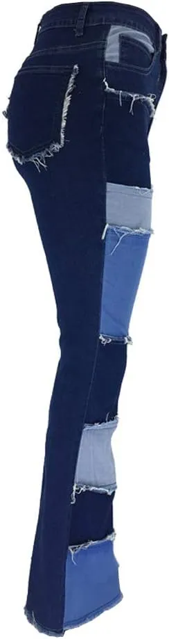 FOURSTEEDS Women's High Waist Patchwork Flared Jeans Hippie Color Blocked Distressed Bells Bottom Denim Pants