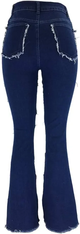 FOURSTEEDS Women's High Waist Patchwork Flared Jeans Hippie Color Blocked Distressed Bells Bottom Denim Pants