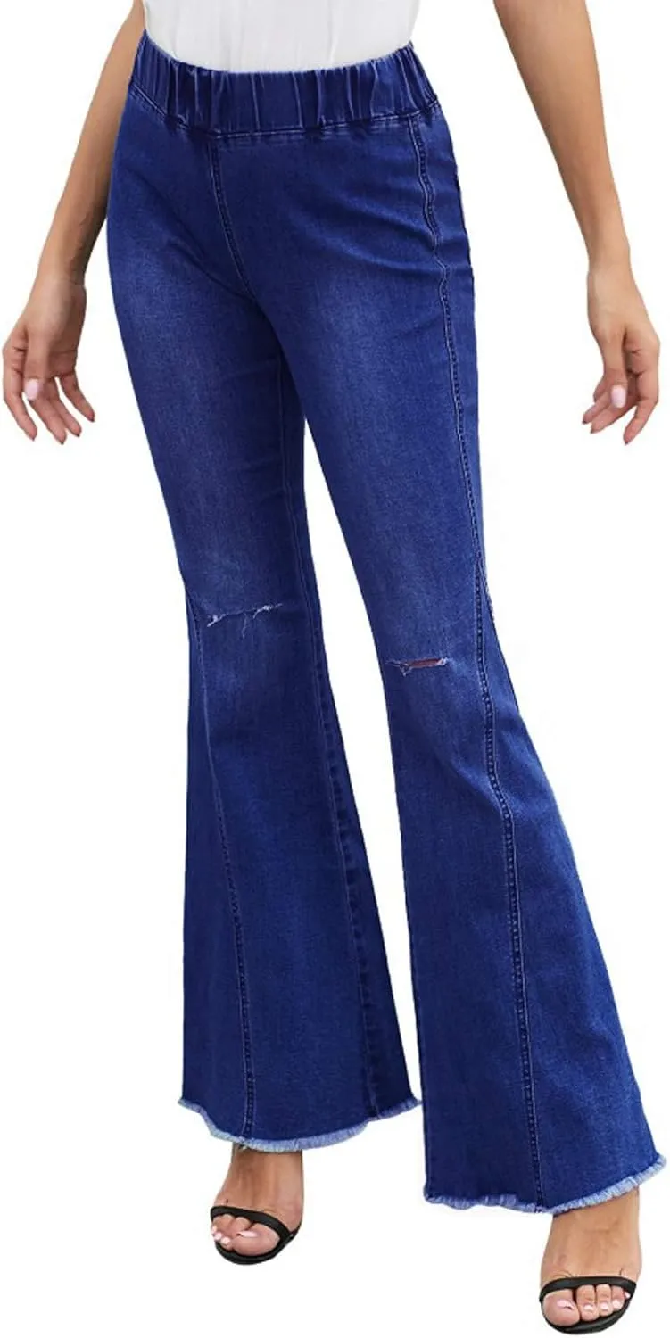 FOURSTEEDS Women's High Waist Patchwork Flared Jeans Hippie Color Blocked Distressed Bells Bottom Denim Pants