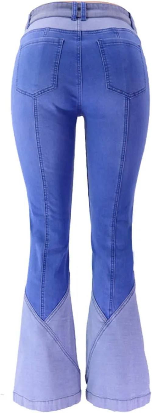 FOURSTEEDS Women's High Waist Patchwork Flared Jeans Hippie Color Blocked Distressed Bells Bottom Denim Pants