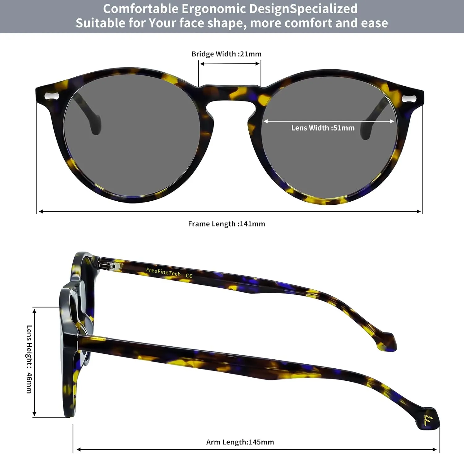 FreeFineTech Polarized Sunglasses UV400 Protection Acetate Frame Metal Vintage Round Sunglasses for Men and Women
