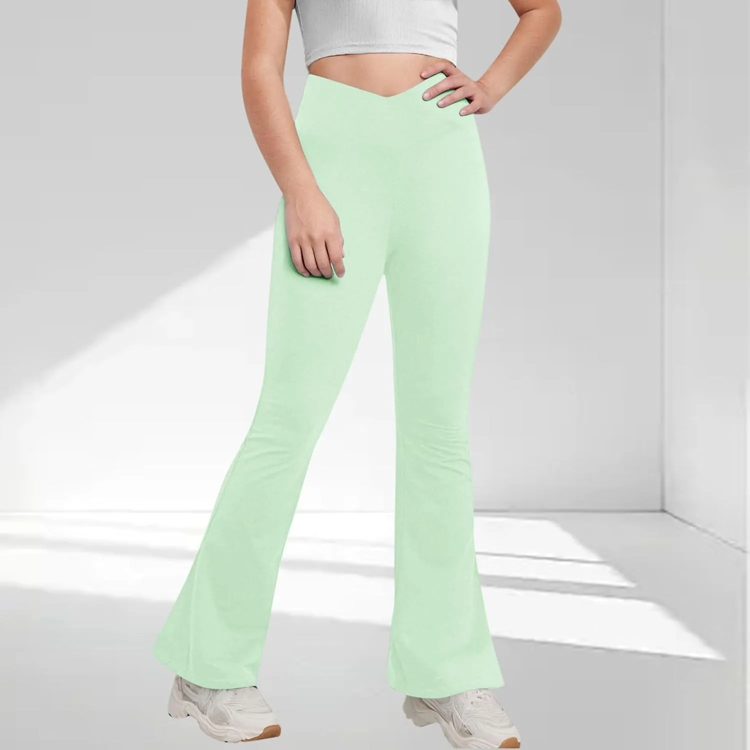 Girls Flare Leggings Cross High Waisted Yoga Pants Bootcut Leggings Kids Stretch Dance Bell Bottoms with Pockets Soft