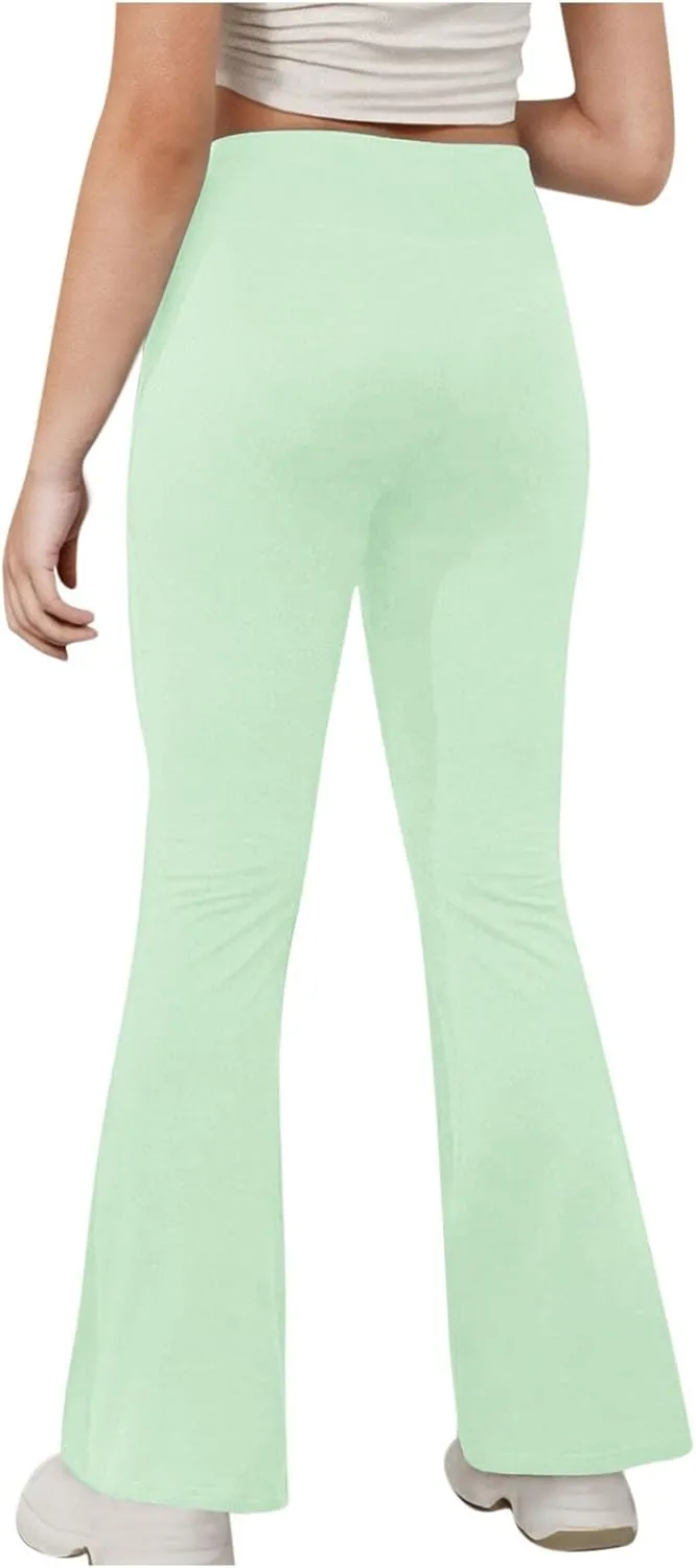 Girls Flare Leggings Cross High Waisted Yoga Pants Bootcut Leggings Kids Stretch Dance Bell Bottoms with Pockets Soft