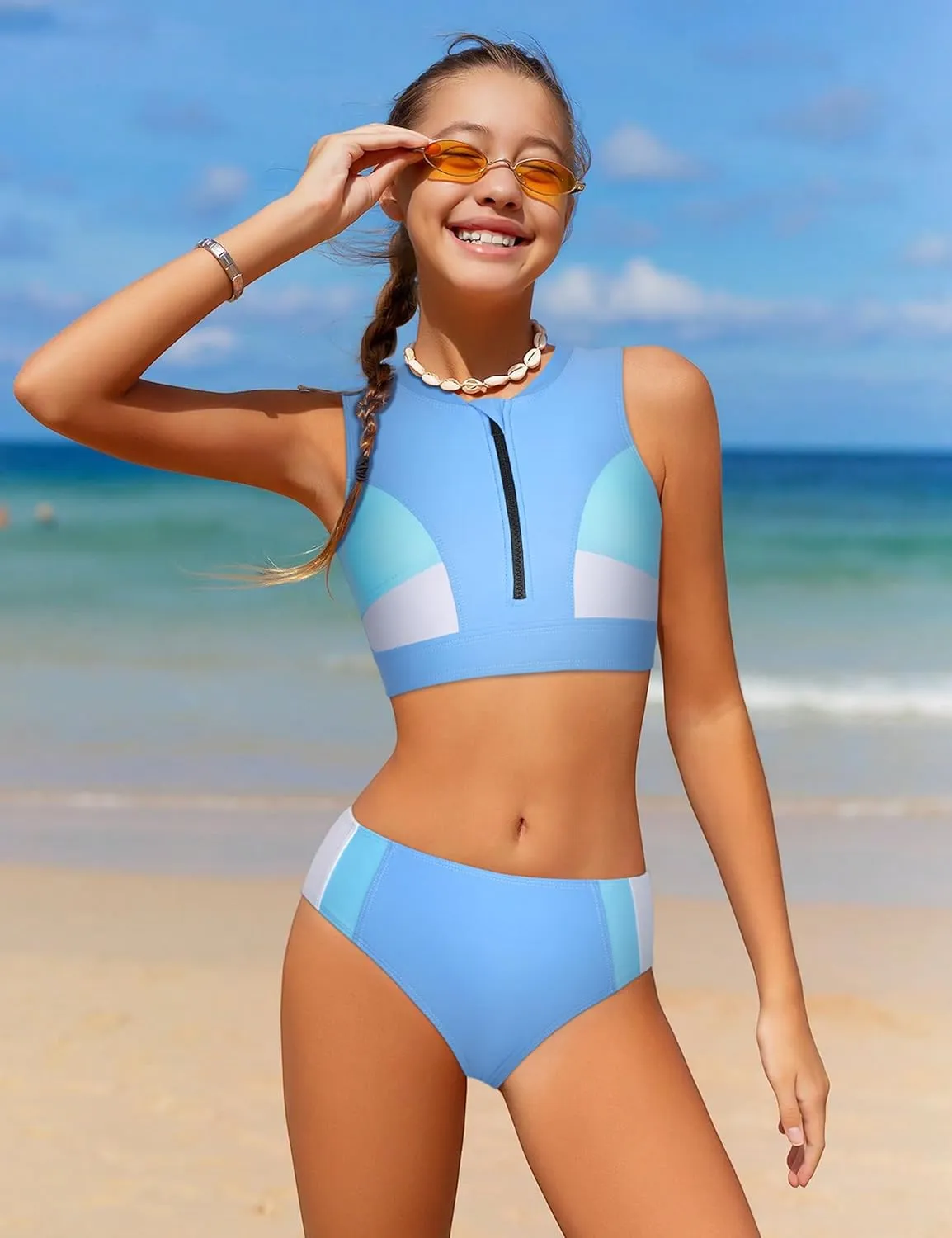 Girls Swimsuit 3 Piece Color Block Zipper Front Bathing Suit Bikini Set with Shorts Sporty Girls' Swimwear 7-16 Years