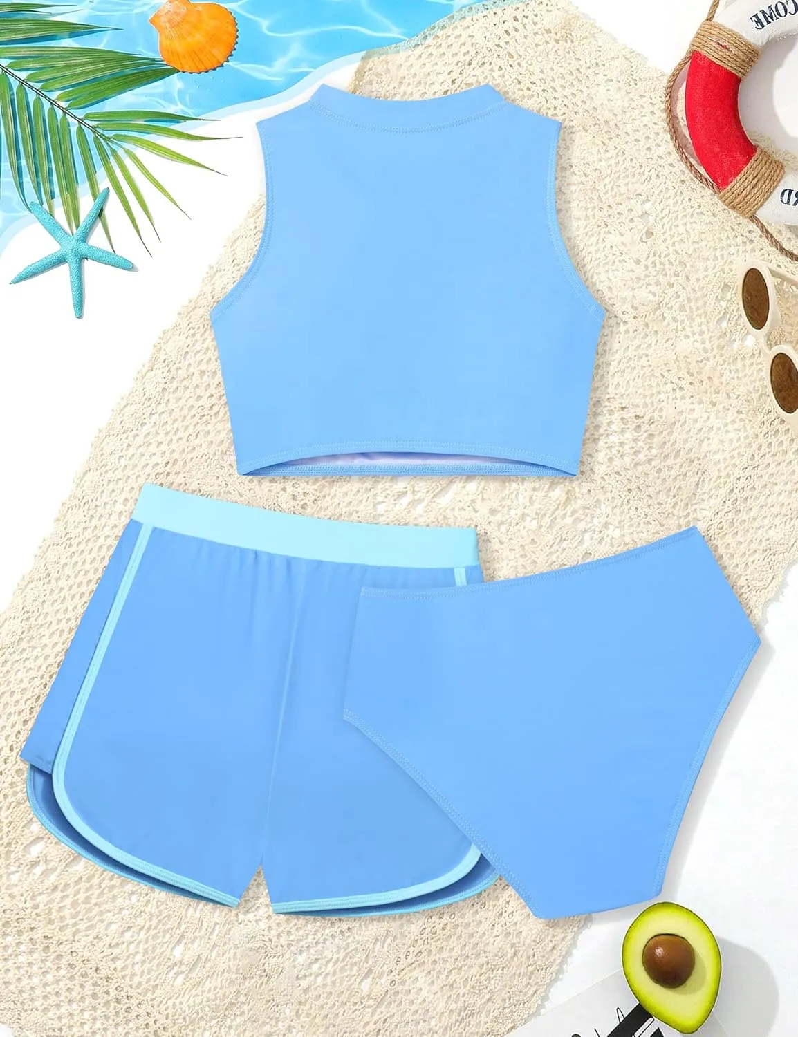 Girls Swimsuit 3 Piece Color Block Zipper Front Bathing Suit Bikini Set with Shorts Sporty Girls' Swimwear 7-16 Years