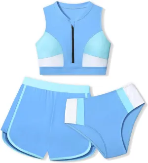 Girls Swimsuit 3 Piece Color Block Zipper Front Bathing Suit Bikini Set with Shorts Sporty Girls' Swimwear 7-16 Years