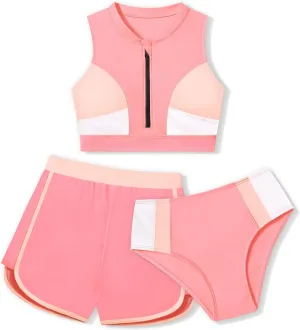 Girls Swimsuit 3 Piece Color Block Zipper Front Bathing Suit Bikini Set with Shorts Sporty Girls' Swimwear 7-16 Years