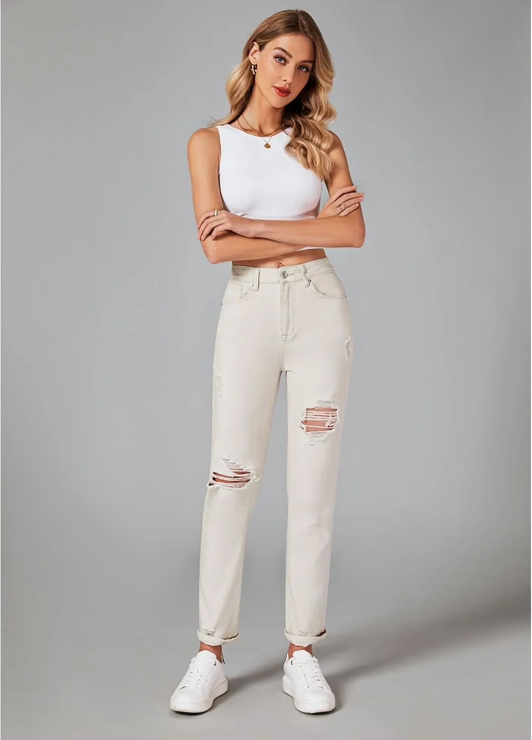 GRAPENT Women's Casual High Waisted Mom Jeans Ripped Stretchy Tapered Denim Pants