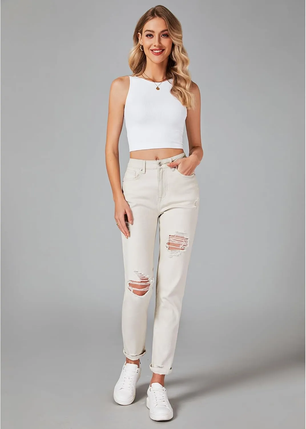 GRAPENT Women's Casual High Waisted Mom Jeans Ripped Stretchy Tapered Denim Pants