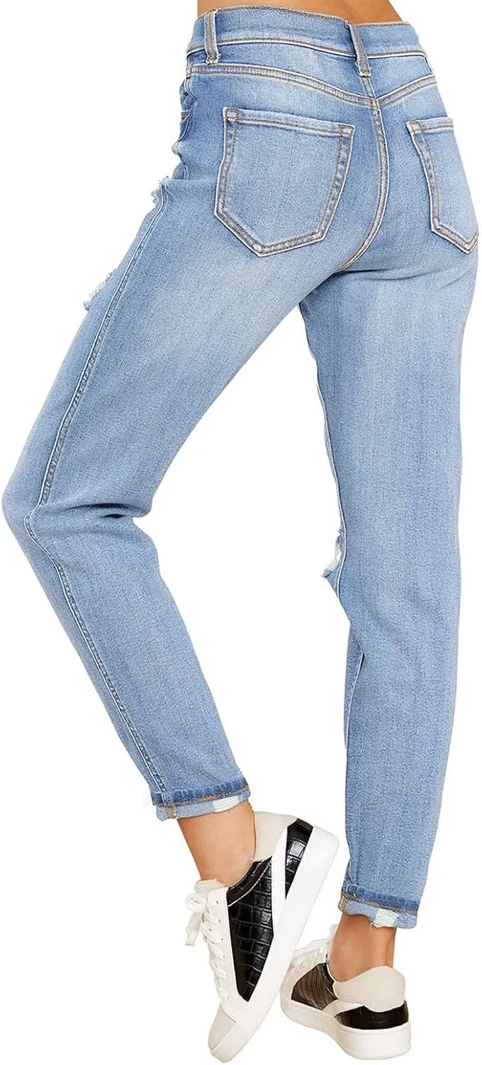 GRAPENT Women's Casual High Waisted Mom Jeans Ripped Stretchy Tapered Denim Pants
