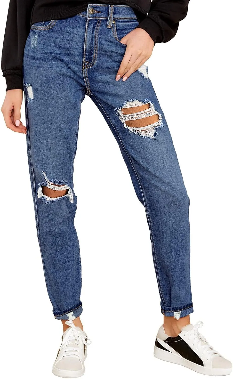 GRAPENT Women's Casual High Waisted Mom Jeans Ripped Stretchy Tapered Denim Pants