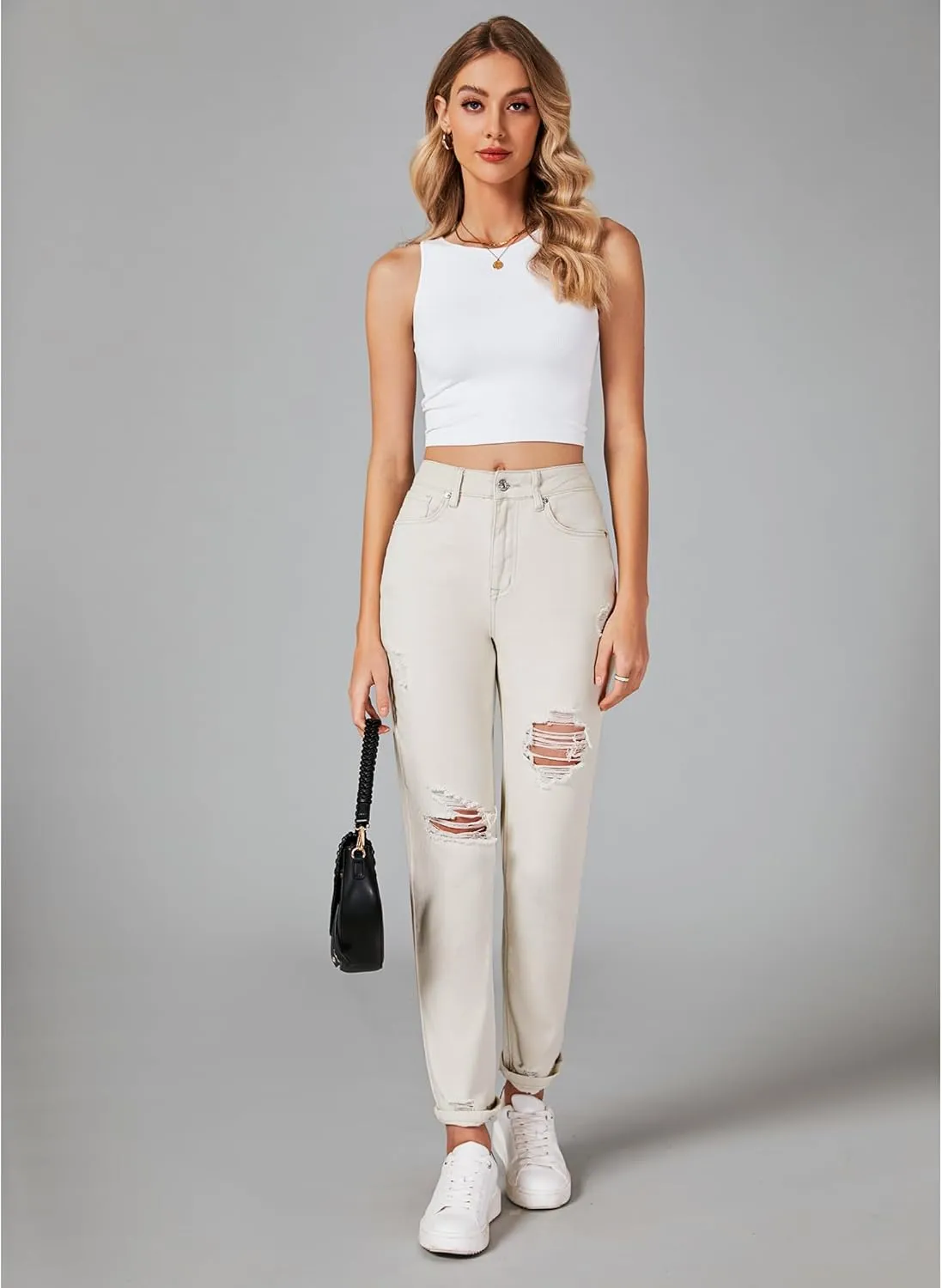 GRAPENT Women's Casual High Waisted Mom Jeans Ripped Stretchy Tapered Denim Pants