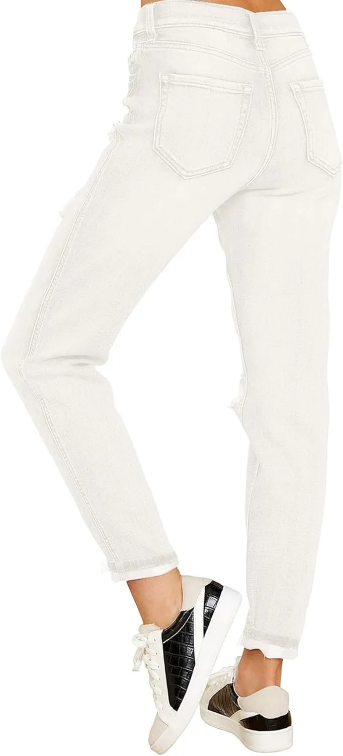 GRAPENT Women's Casual High Waisted Mom Jeans Ripped Stretchy Tapered Denim Pants