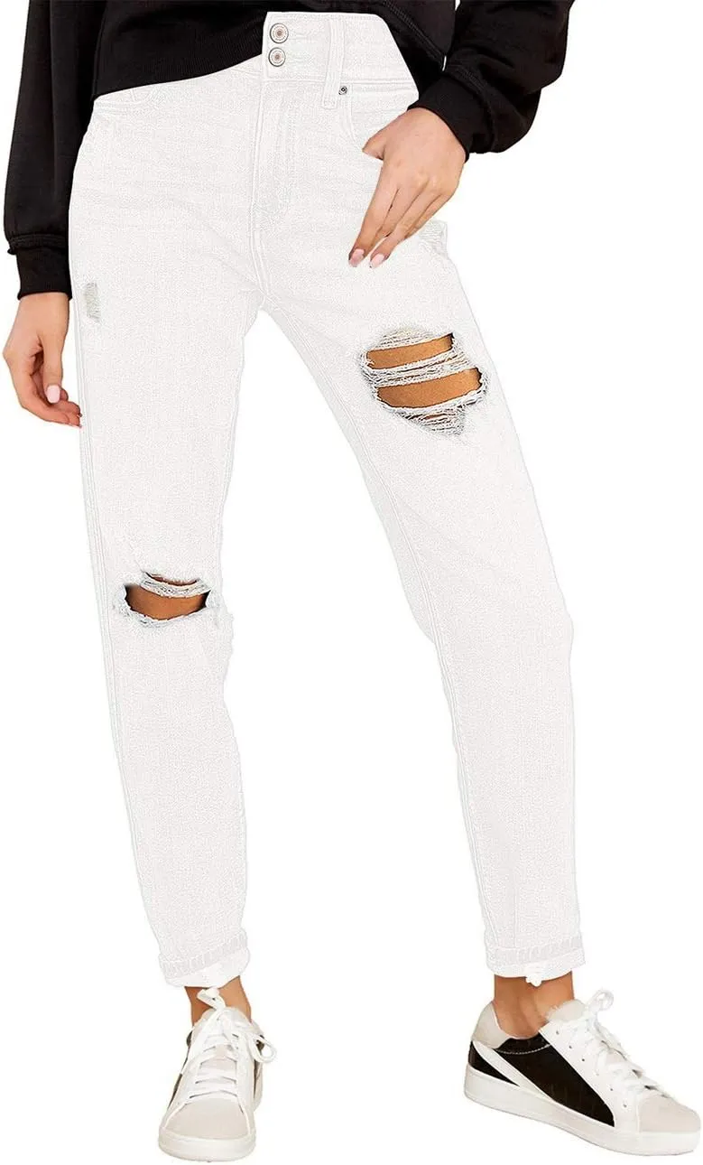 GRAPENT Women's Casual High Waisted Mom Jeans Ripped Stretchy Tapered Denim Pants