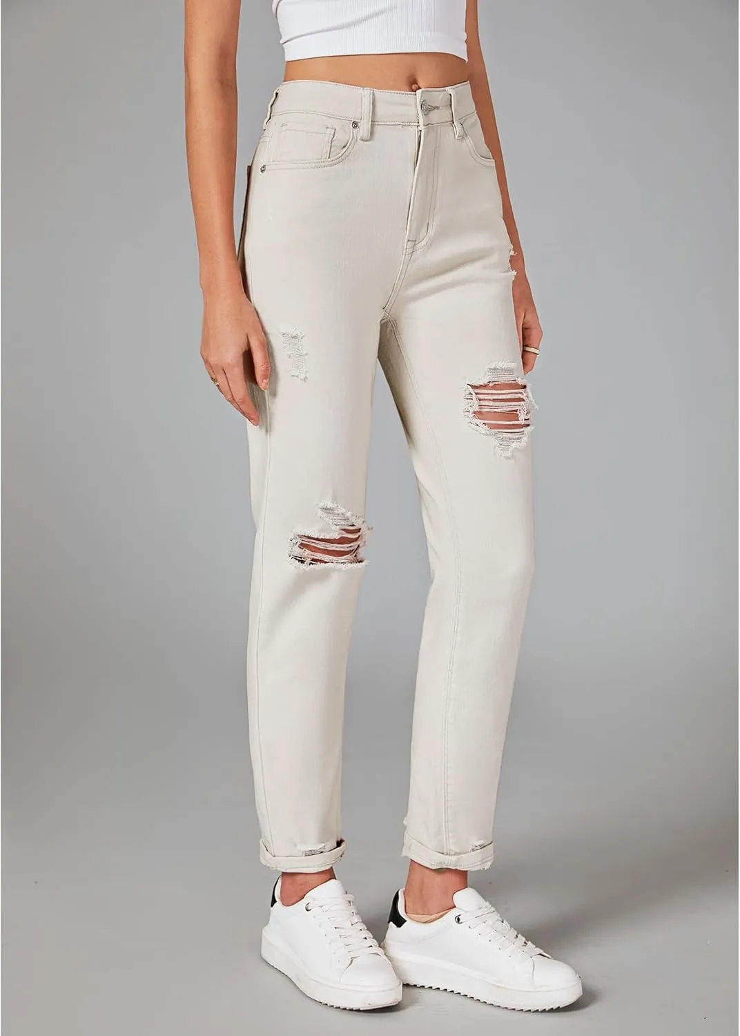 GRAPENT Women's Casual High Waisted Mom Jeans Ripped Stretchy Tapered Denim Pants
