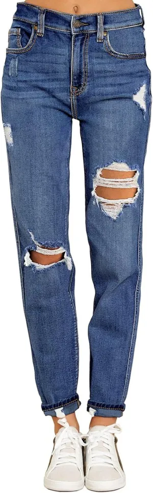 GRAPENT Women's Casual High Waisted Mom Jeans Ripped Stretchy Tapered Denim Pants