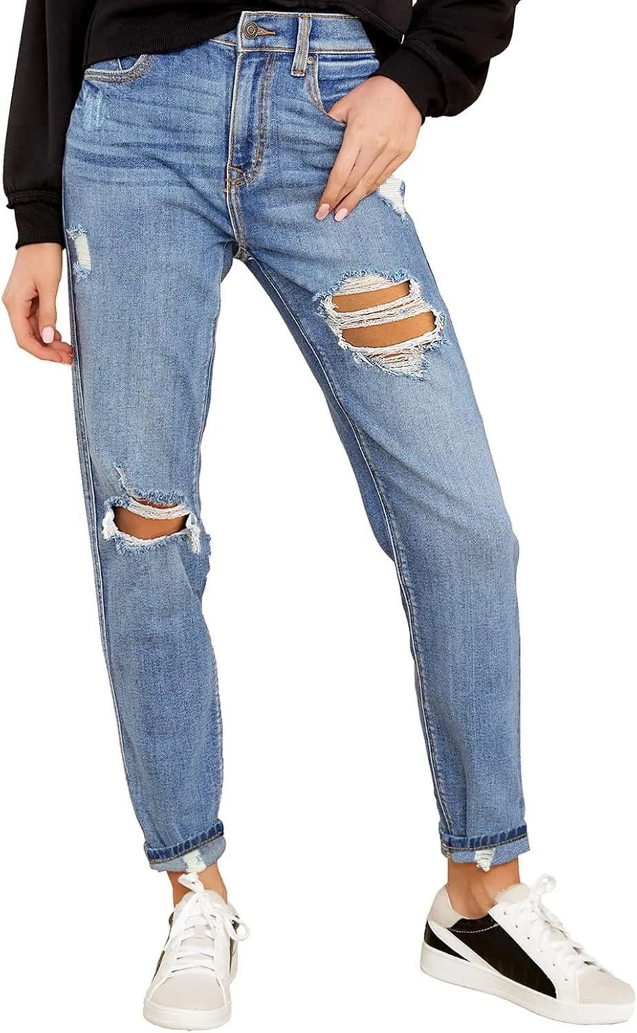 GRAPENT Women's Casual High Waisted Mom Jeans Ripped Stretchy Tapered Denim Pants