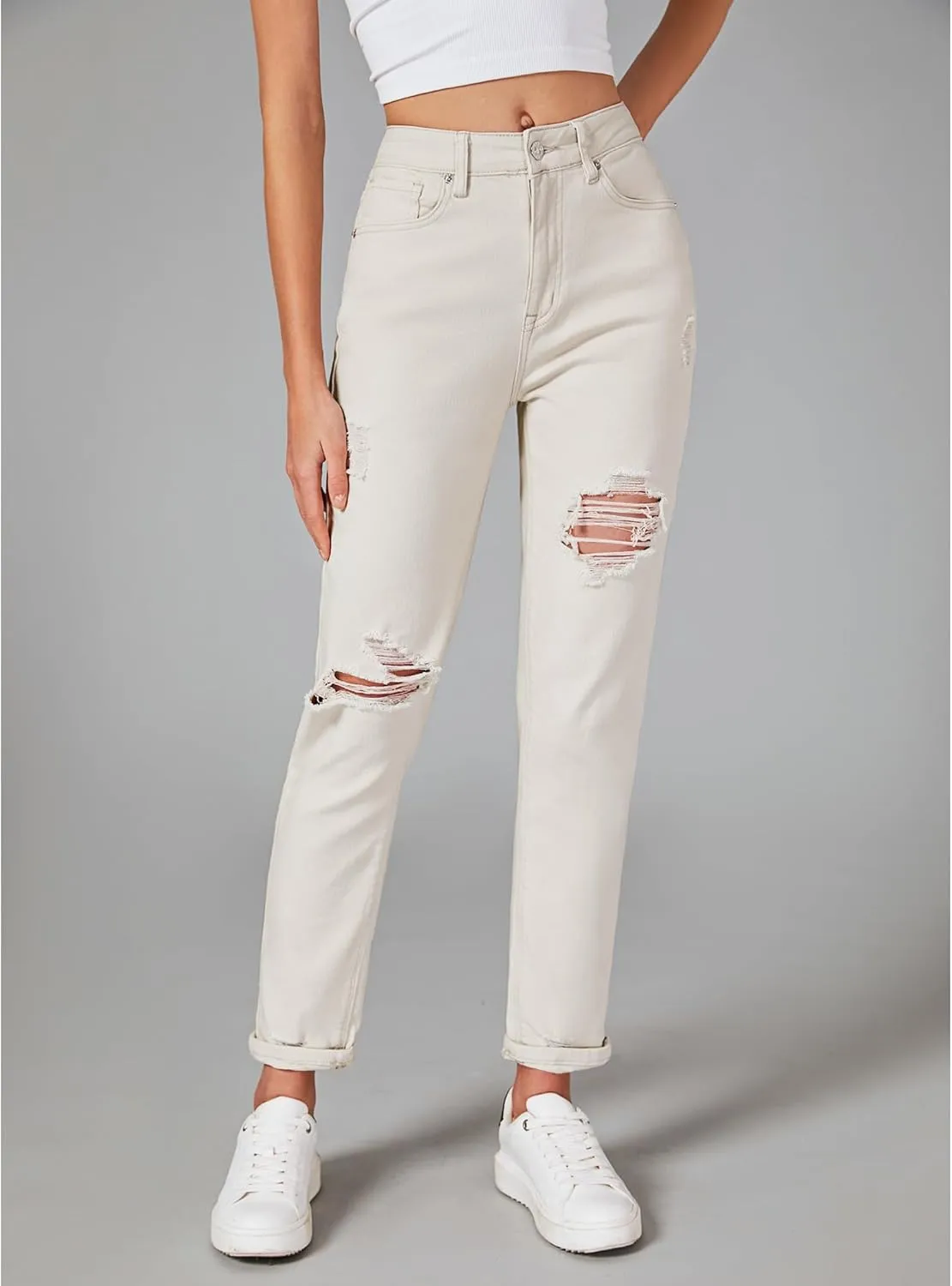 GRAPENT Women's Casual High Waisted Mom Jeans Ripped Stretchy Tapered Denim Pants